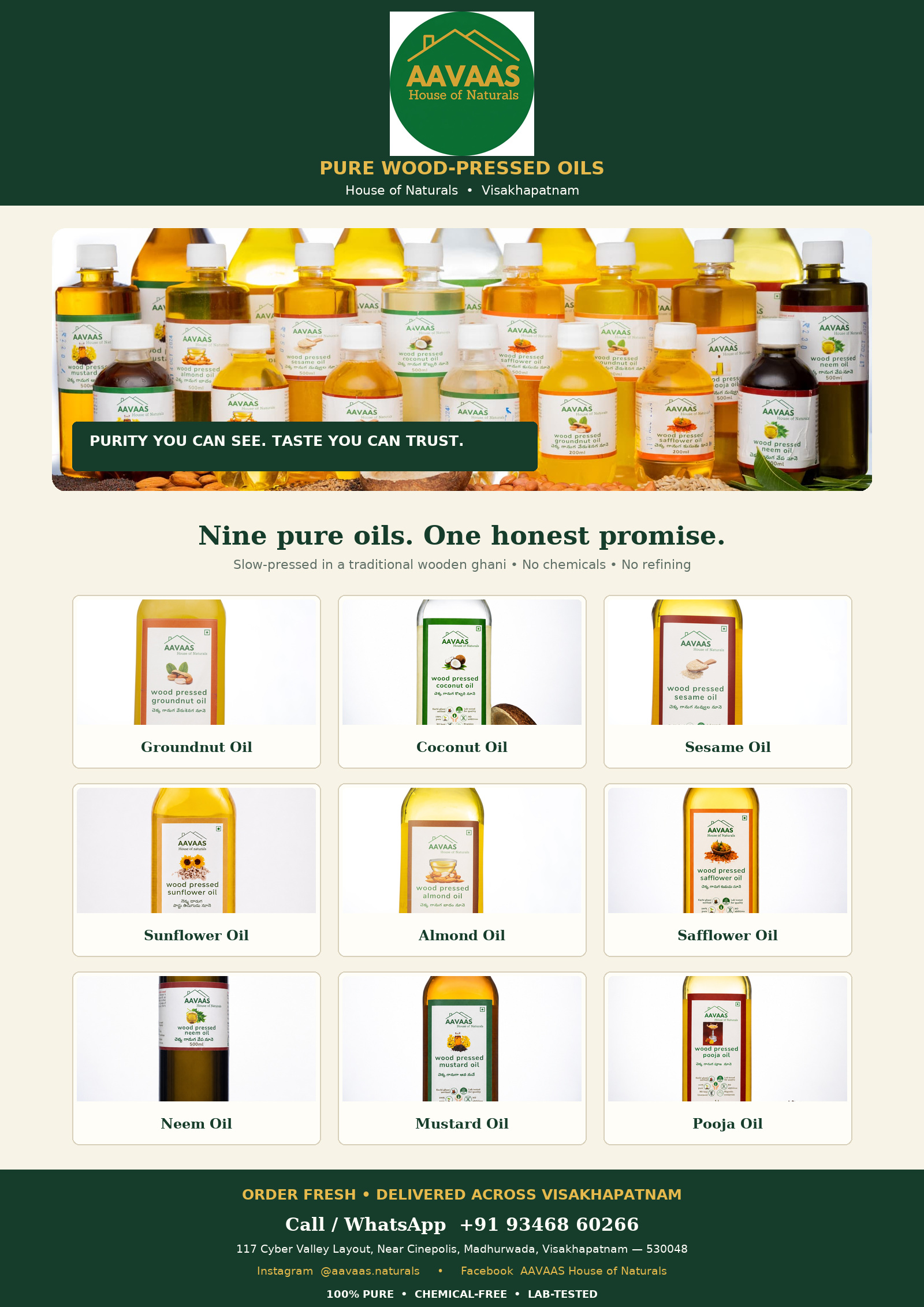 AAVAAS House of Naturals pamphlet featuring the family collection, nine oils and contact details